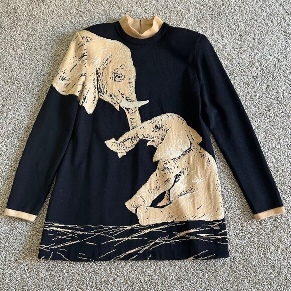 St. John Womens L Collection Black & Beige Elephant Intarsia Knit Tunic Sweater - Picture 2 of 11